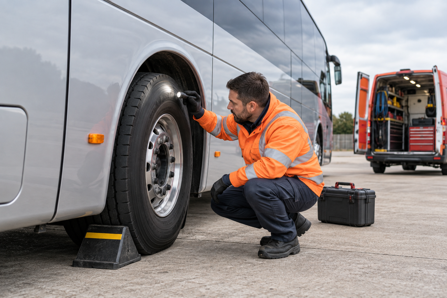Tyre technician inspecting a grounded coach tyre beside a silver coach and coral service van