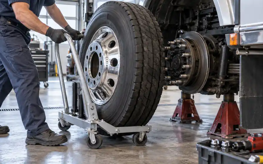 Technician guides an alloy truck wheel with open mounting holes toward a studded hub using a wheel trolley.