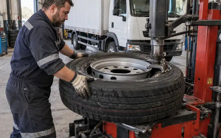 Technician fitting a commercial truck tyre onto a steel rim with a workshop tyre mounting machine.