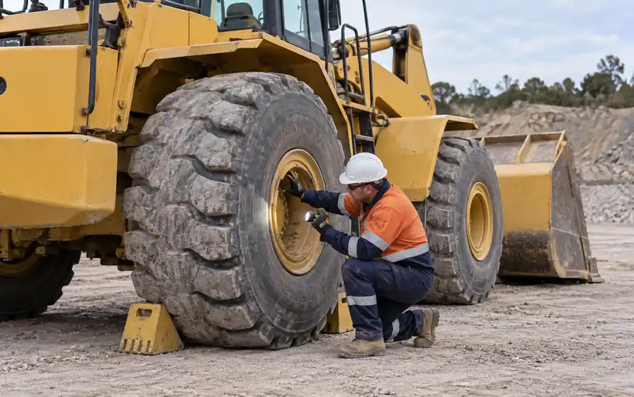 Technician inspecting the large rear tyre and wheel of a quarry earthmover using a flashlight.