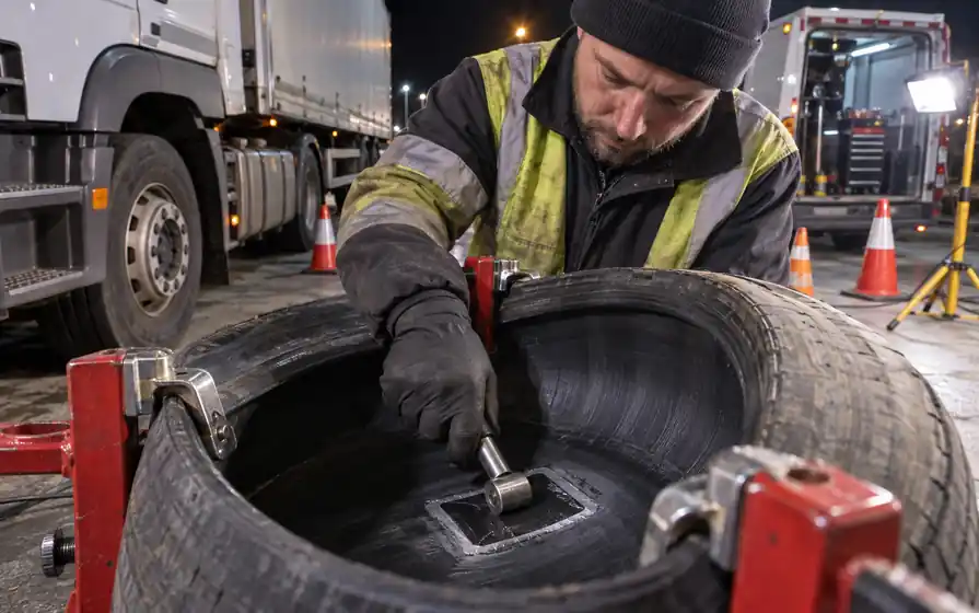 Technician rolling an internal tyre repair patch under portable lights during a night-time truck callout.