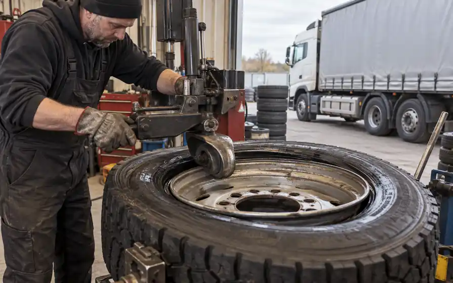 Technician using a mounting roller at the bead of a large lorry tyre in a workshop.