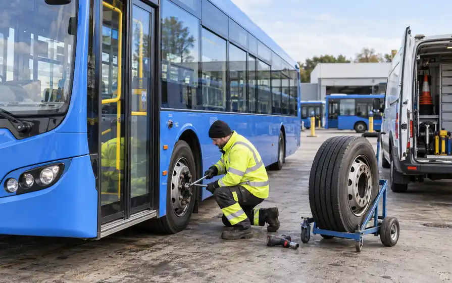 Mobile technician fitting the front tyre of a blue city bus at a depot.