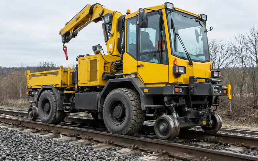 Road-rail maintenance vehicle with rubber road tyres and lowered steel rail guide wheels.