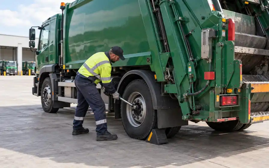 Technician servicing a rear tyre on a municipal refuse collection truck.