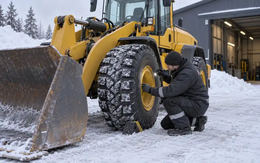Technician inspecting the snow-covered tyre of a wheel loader outside a winter maintenance shed.
